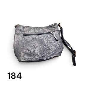 Stone & Co Metallic Pewter Gray Crinkle Faux Leather Crossbody Organizer Bag